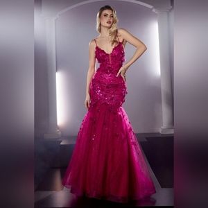 Magenta long mermaid floral applique beaded dress